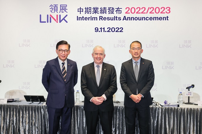 <p style="text-align: center;">Link Chairman Nicholas Allen (middle), Executive Director and Chief Executive Officer George Hongchoy (left) and Executive Director and Chief Financial Officer Kok-siong Ng (right) announced Link REIT’s 2022/2023 interims results and responded to media questions at the news conference this afternoon.</p>

